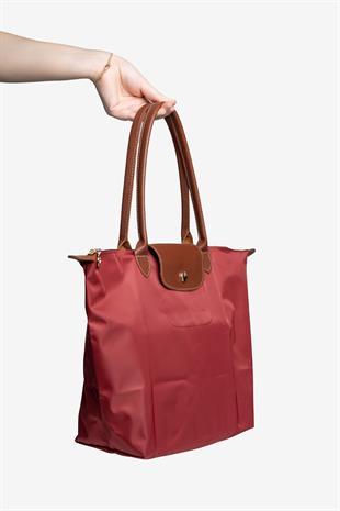 Kadın Deri Saplı Katlanabilir Büyük Boy Shopper El ve Omuz Çantası - Bordo-Taba