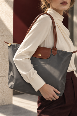 Kadın Deri Saplı Katlanabilir Büyük Boy Shopper El ve Omuz Çantası - Füme-Taba