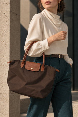 Kadın Deri Saplı Katlanabilir Büyük Boy Shopper El ve Omuz Çantası - Kahverengi-Taba