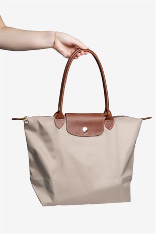 Kadın Deri Saplı Katlanabilir Büyük Boy Shopper El ve Omuz Çantası - Vizon-Taba
