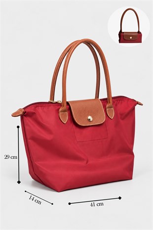 Kadın Deri Saplı Katlanabilir Büyük Boy Shopper El ve Omuz Çantası - Bordo-Taba