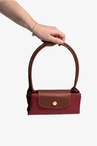Kadın Deri Saplı Katlanabilir Büyük Boy Shopper El ve Omuz Çantası - Bordo-Taba