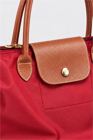Kadın Deri Saplı Katlanabilir Büyük Boy Shopper El ve Omuz Çantası - Bordo-Taba
