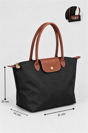 Kadın Deri Saplı Katlanabilir Büyük Boy Shopper El ve Omuz Çantası - Siyah-Taba