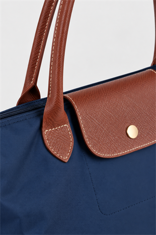 Kadın Deri Saplı Katlanabilir Büyük Boy Shopper El ve Omuz Çantası - Lacivert-Taba