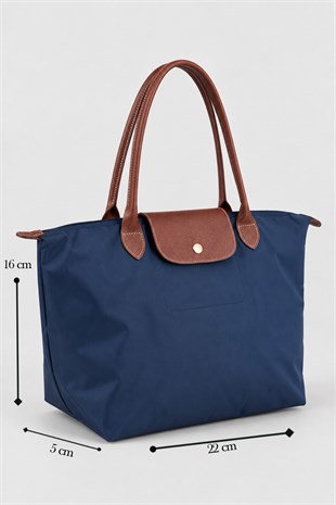 Kadın Deri Saplı Katlanabilir Büyük Boy Shopper El ve Omuz Çantası - Lacivert-Taba