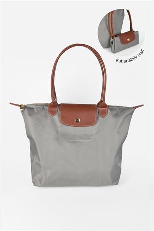 Kadın Deri Saplı Katlanabilir Büyük Boy Shopper El ve Omuz Çantası - Füme-Taba