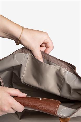 Kadın Deri Saplı Katlanabilir Büyük Boy Shopper El ve Omuz Çantası - Vizon-Taba
