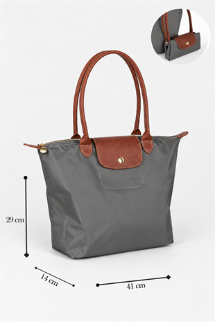Kadın Deri Saplı Katlanabilir Büyük Boy Shopper El ve Omuz Çantası - Füme-Taba