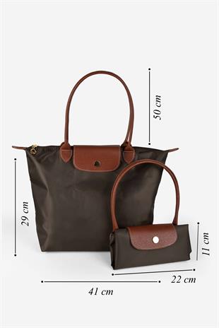 Kadın Deri Saplı Katlanabilir Büyük Boy Shopper El ve Omuz Çantası - Kahverengi-Taba