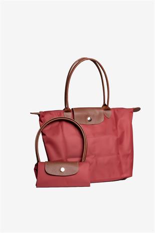 Kadın Deri Saplı Katlanabilir Büyük Boy Shopper El ve Omuz Çantası - Bordo-Taba