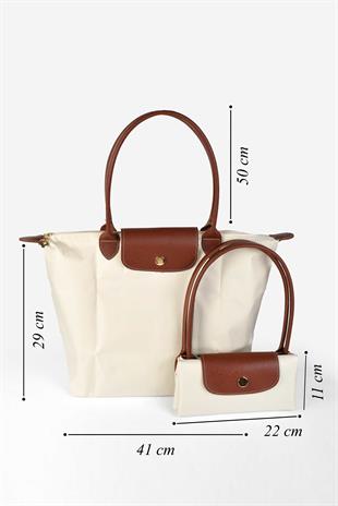 Kadın Deri Saplı Katlanabilir Büyük Boy Shopper El ve Omuz Çantası - Krem-Taba