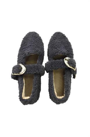 Kadın Gold Tokalı Peluş Ev Babeti - Koyu Gri