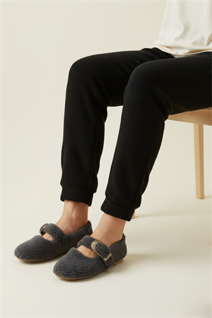 Kadın Gold Tokalı Peluş Ev Babeti - Koyu Gri