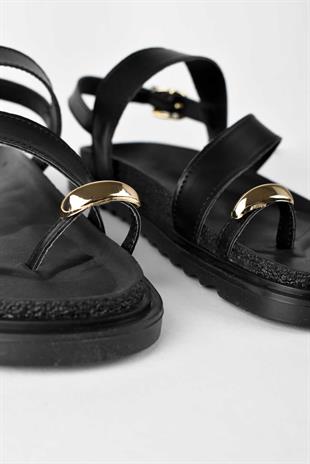 Kadın Gold Yüzük Detaylı Rahat Poli Taban Günlük Sandalet - Siyah