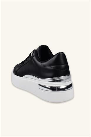Kadın Gümüş Şerit Detaylı Deri Sneaker - Siyah