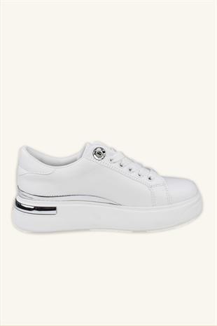 Kadın Gümüş Şerit Detaylı Deri Sneaker - Beyaz