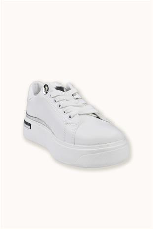 Kadın Gümüş Şerit Detaylı Deri Sneaker - Beyaz