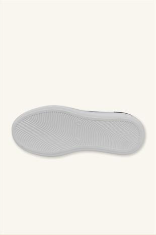 Kadın Gümüş Şerit Detaylı Deri Sneaker - Beyaz
