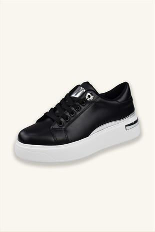 Kadın Gümüş Şerit Detaylı Deri Sneaker - Siyah