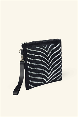 Kadın Gümüş Şerit Taşlı Süet Portföy & Clutch Çanta