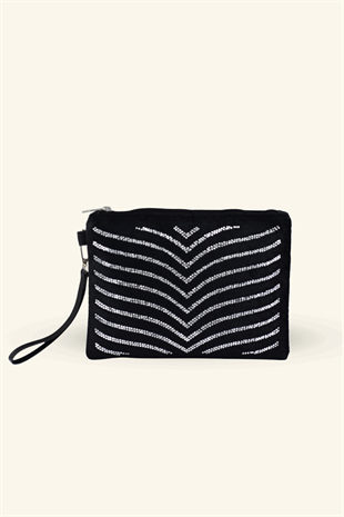 Kadın Gümüş Şerit Taşlı Süet Portföy & Clutch Çanta