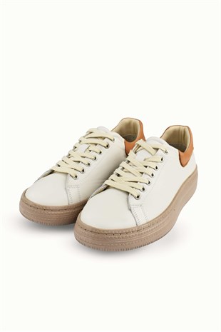 Kadın Hakiki Deri Bağcıklı Sneaker - Krem
