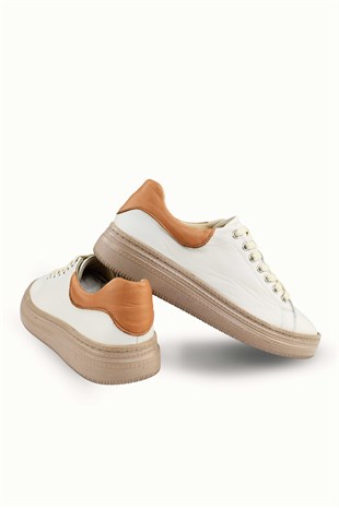 Kadın Hakiki Deri Bağcıklı Sneaker - Krem