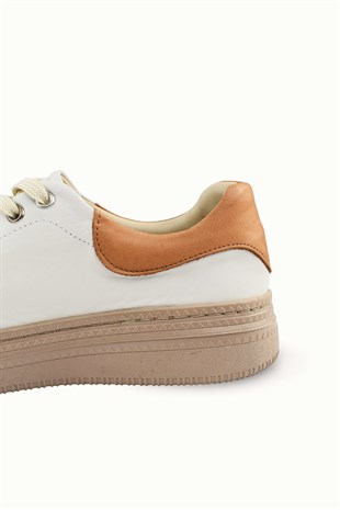 Kadın Hakiki Deri Bağcıklı Sneaker - Krem
