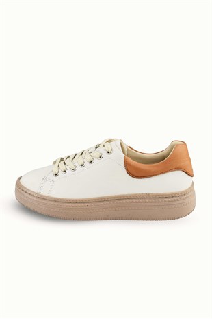 Kadın Hakiki Deri Bağcıklı Sneaker - Krem