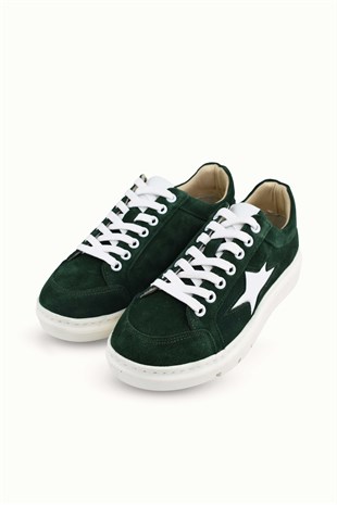 Kadın Hakiki Süet Bağcıklı Sneaker - Yeşil