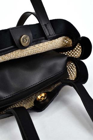 Kadın Hasır El ve Omuz Çantası (Makyaj Çantalı) - Siyah