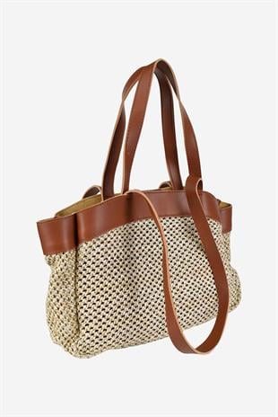 Kadın Hasır El ve Omuz Çantası (Makyaj Çantalı) - Taba