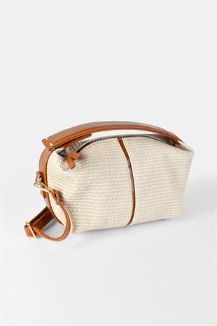 Kadın Hasır Görünümlü Çapraz Askılı El Çantası - Krem