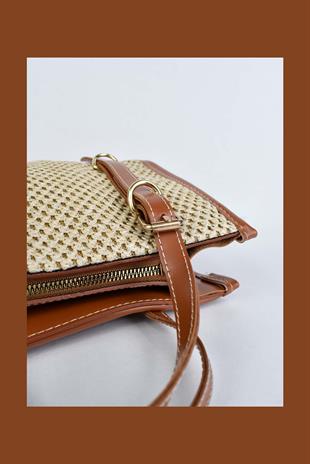 Kadın Hasır Görünümlü Metal Detaylı El ve Omuz Çantası-Taba