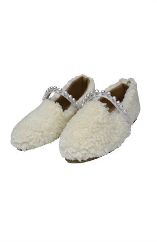 Kadın İnci Detaylı Peluş Ev Babeti - Beyaz