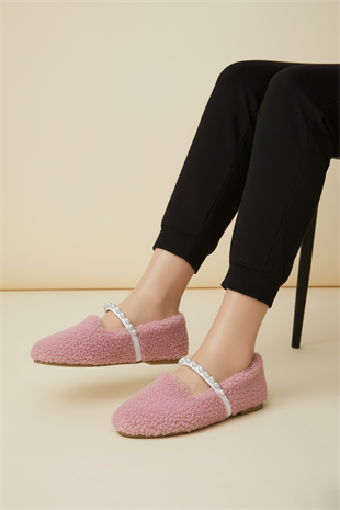 Kadın İnci Detaylı Peluş Ev Babeti - Pudra