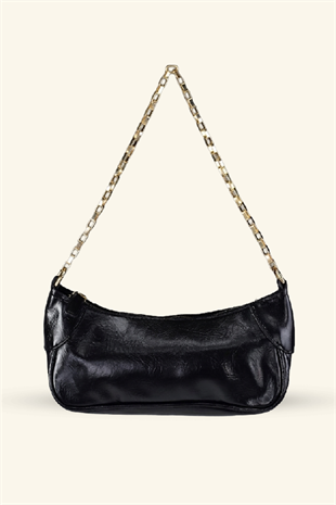 Kadın Kalın Gold Zincir Askılı Mini Baget Çanta - Siyah