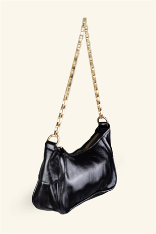 Kadın Kalın Gold Zincir Askılı Mini Baget Çanta - Siyah