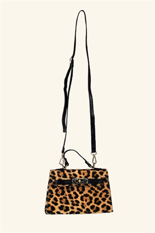 Kadın Mini Leopar Kilit Kapaklı El ve Omuz Çantası