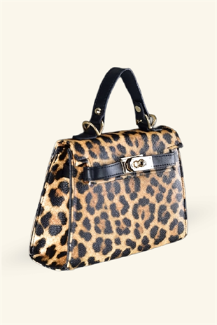 Kadın Mini Leopar Kilit Kapaklı El ve Omuz Çantası