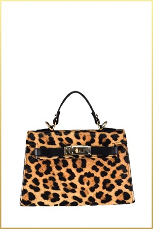 Kadın Mini Leopar Kilit Kapaklı El ve Omuz Çantası