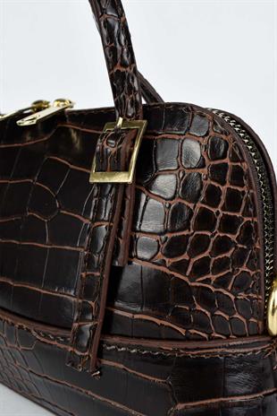 Kadın Mini Timsah Deri El ve Omuz Çantası - Acı Kahve