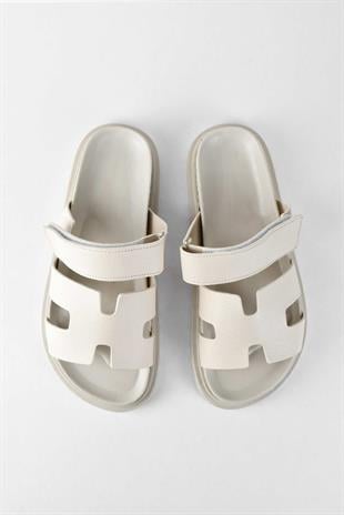 Kadın Önü Açık Cırtlı Rahat Poli Taban Günlük Terlik - Bej