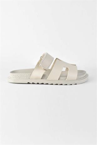 Kadın Önü Açık Cırtlı Rahat Poli Taban Günlük Terlik - Bej