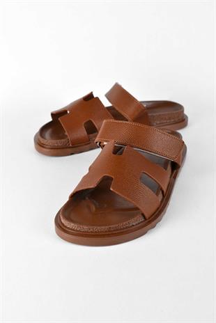 Kadın Önü Açık Cırtlı Rahat Poli Taban Günlük Terlik - Taba