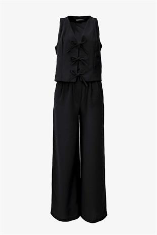Kadın Önü Bağlamalı Kalın Askılı Yelek Pantalon Takım  - Siyah