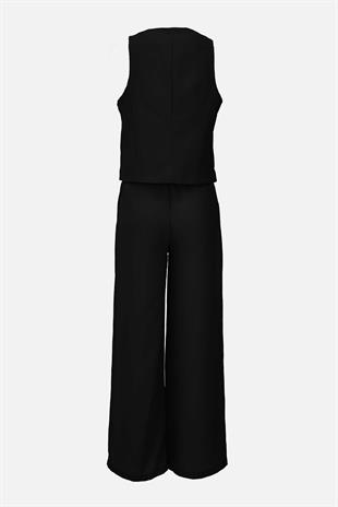 Kadın Önü Bağlamalı Kalın Askılı Yelek Pantalon Takım  - Siyah