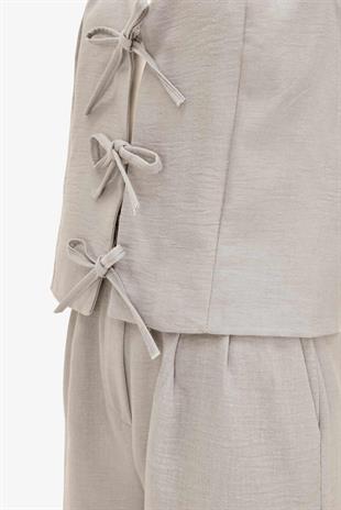 Kadın Önü Bağlamalı Kalın Askılı Yelek Pantalon Takım  - Bej