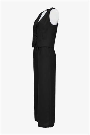 Kadın Önü Bağlamalı Kalın Askılı Yelek Pantalon Takım  - Siyah